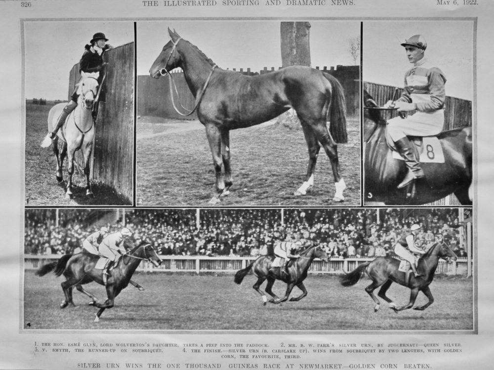 Silver Urn wins the One Thousand Guineas Race at Newmarket.- Golden Corn Beaten.  1922.