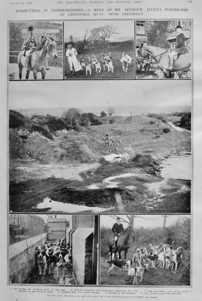 Foxhunting in Pembrokeshire.- A Meet of Mr. Seymour Allen's Foxhounds at Cresswell Quay, near Cresselly.  1922.