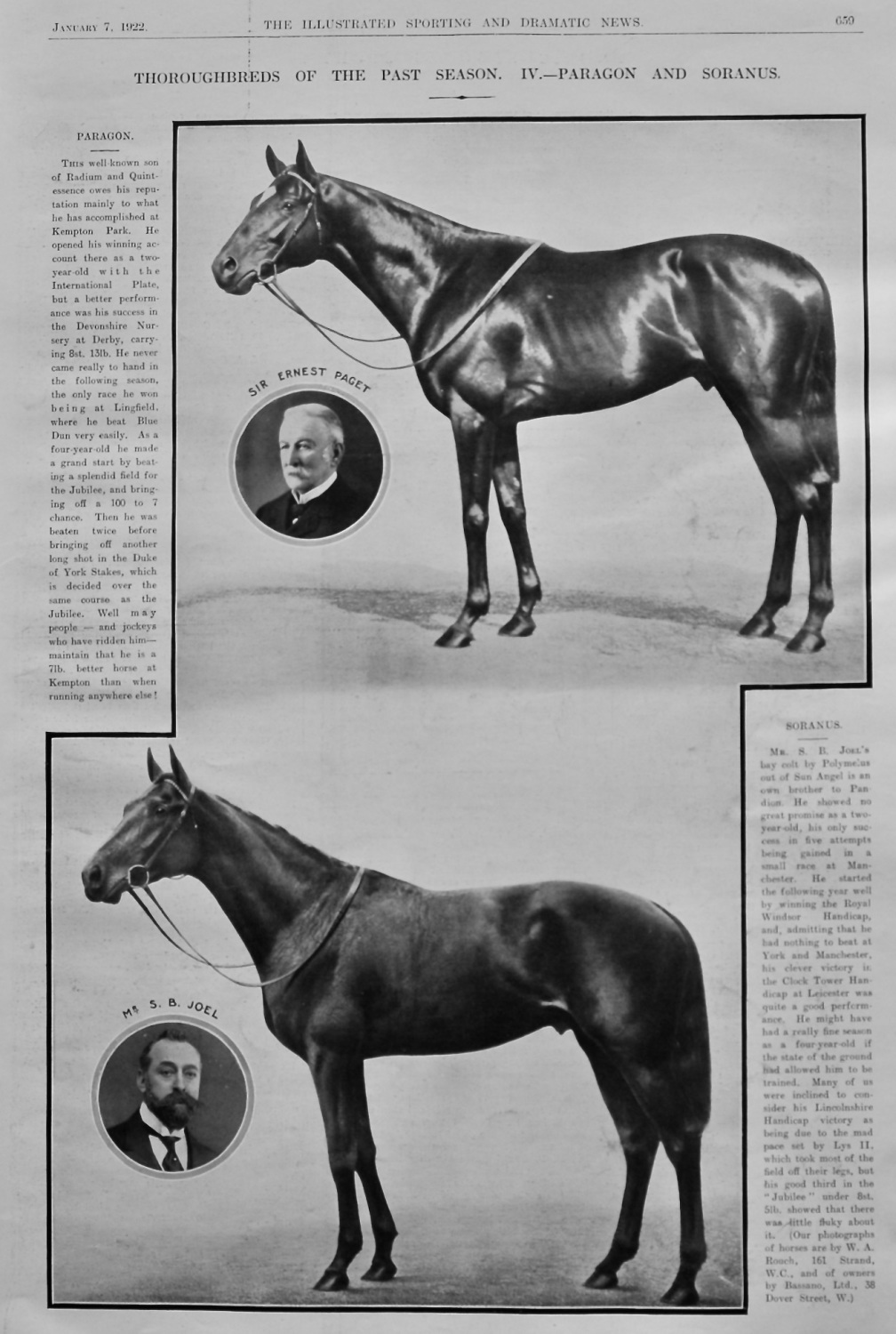 Thoroughbreds of the Past Season.  IV.- Paragon and Soranus.  1922.