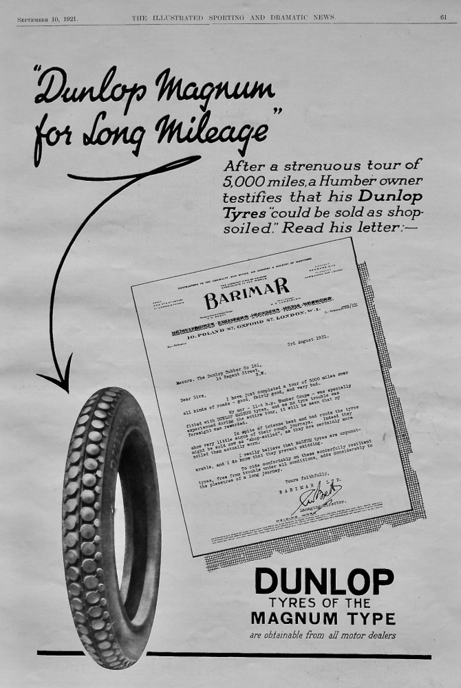 Dunlop, Magnum Tyres.  1921.