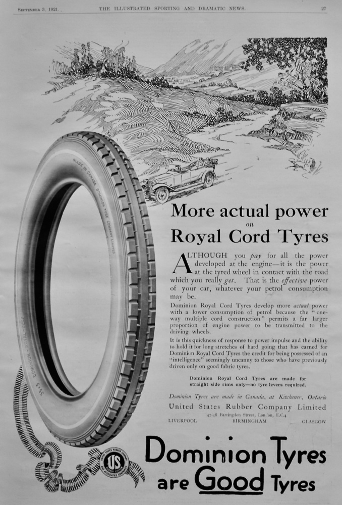 Dominion Royal Chord Tyres.  1921.