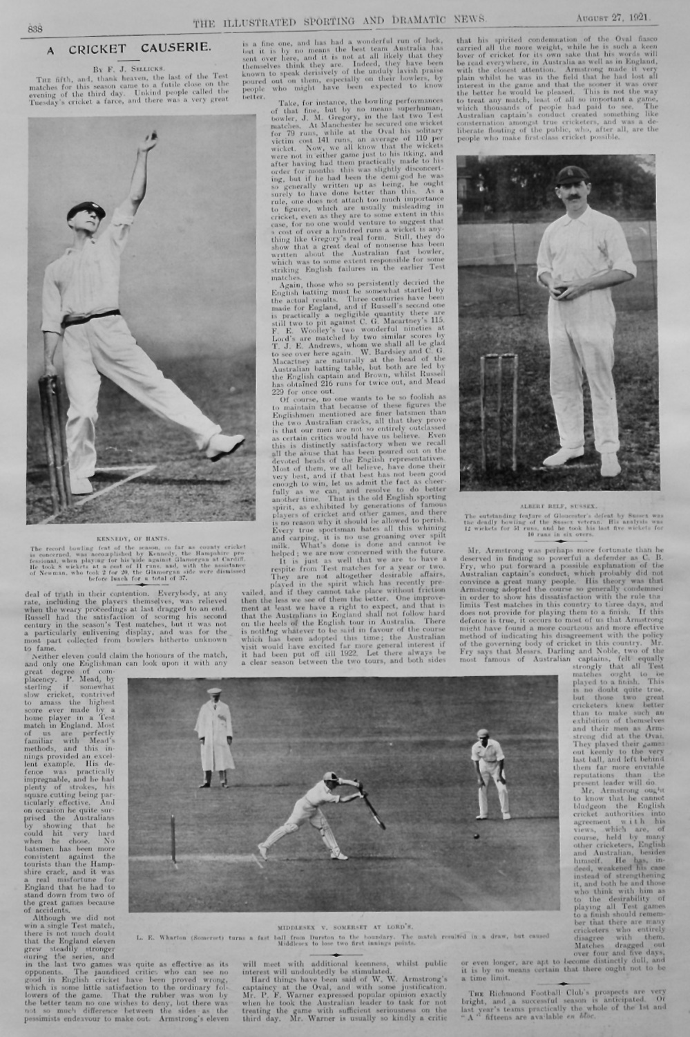 A Cricket Causerie. (Written by F. J. Sellicks).   1921.