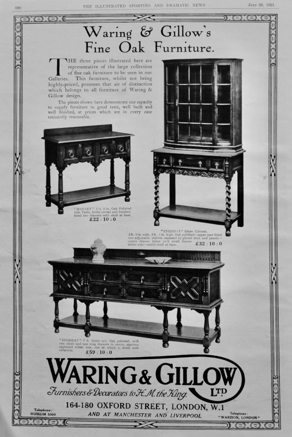 Waring & Gillow Ltd.  July 23rd,. 1921. (Fine Oak Furniture)