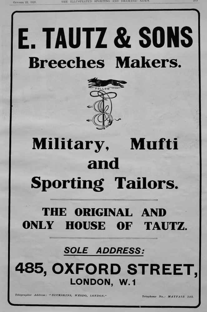 E. Tautz & Sons (Breeches Makers).  1921.