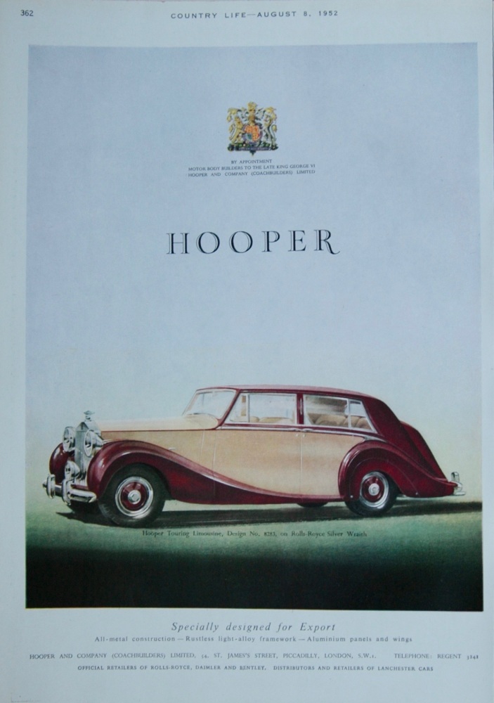 Full page colour advert for "Hooper" Cars - 1952
