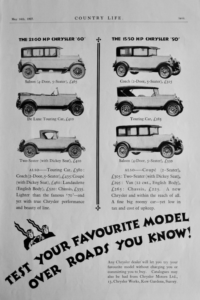 Chrysler Cars. (Four Full Ranges of Splendid Cars!).  1927.