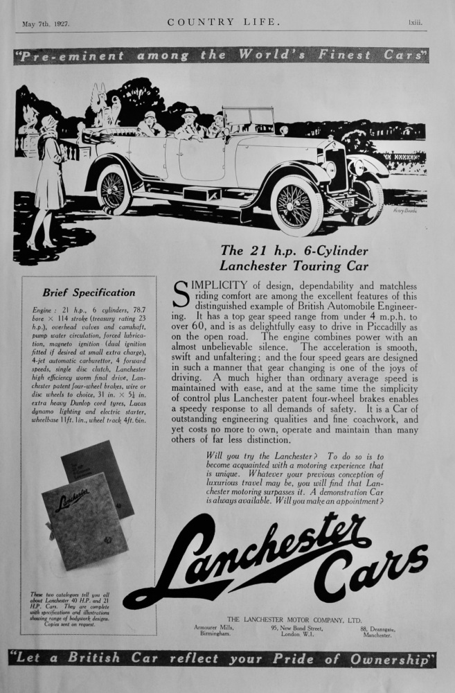 Lanchester Cars. 1927.