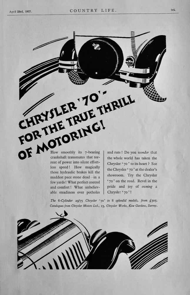 Chrysler '70' - for the true thrill of Motoring !.  1927.