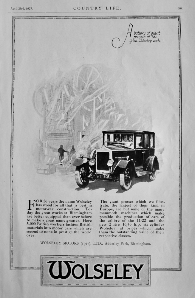 Wolseley Motors.  1927.