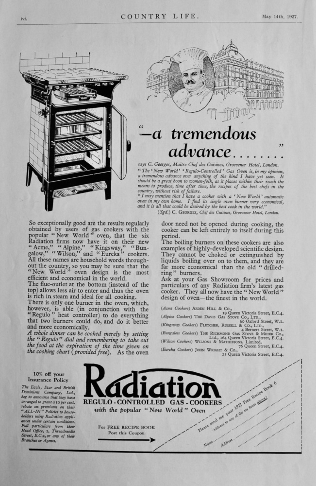 Radiation Regulo-Controlled Gas - Cookers.    (The "New World" Oven.)   1927.