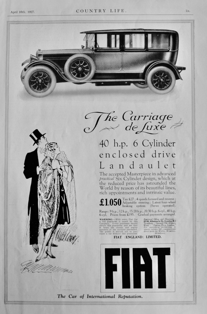 Fiat.   The Car of International Reputation.  1927.