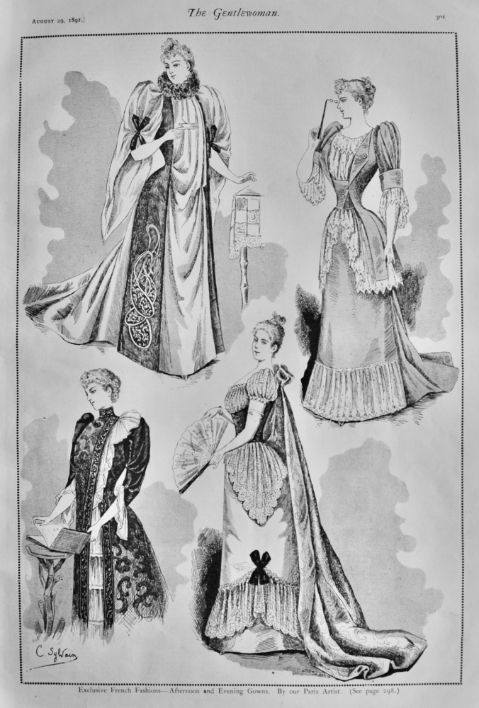 Exclusive French Fashions - Afternoon and Evening Gowns.  1891.