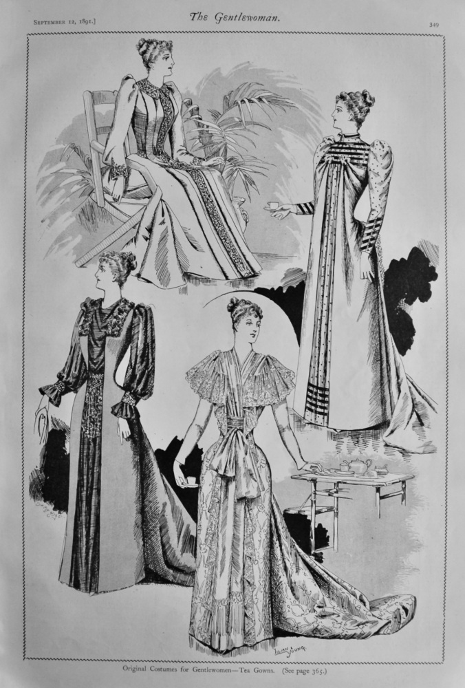 Original Costumes for Gentlewomen.-  Tea Gowns.  1891.
