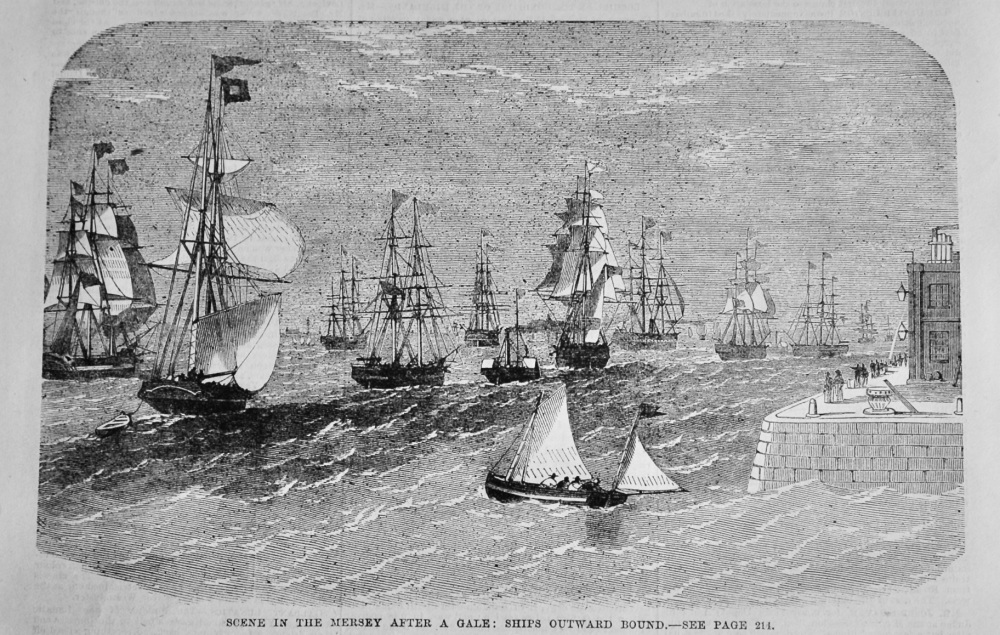 Scene in the Mersey after a Gale :  Ships Outward Bound.  1870.