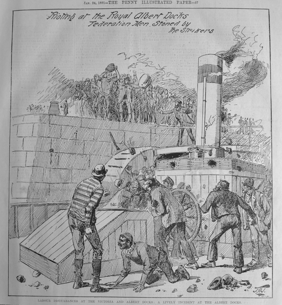 Rioting at the Royal Albert Docks,  Federation Men, Stoned by the Strikers.