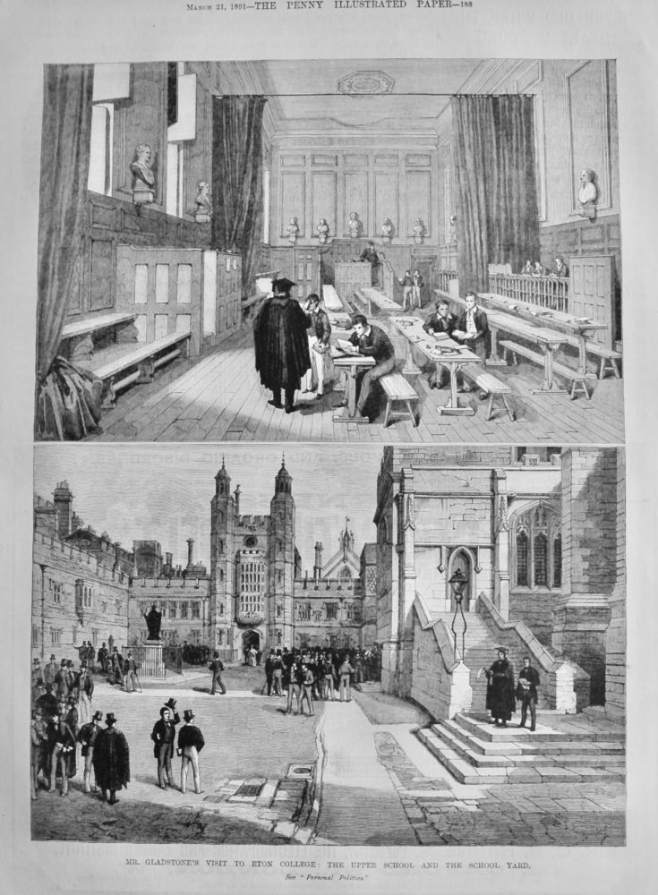 Mr. Gladstone's Visit to Eton College :  The Upper School and the School Yard.  1891.