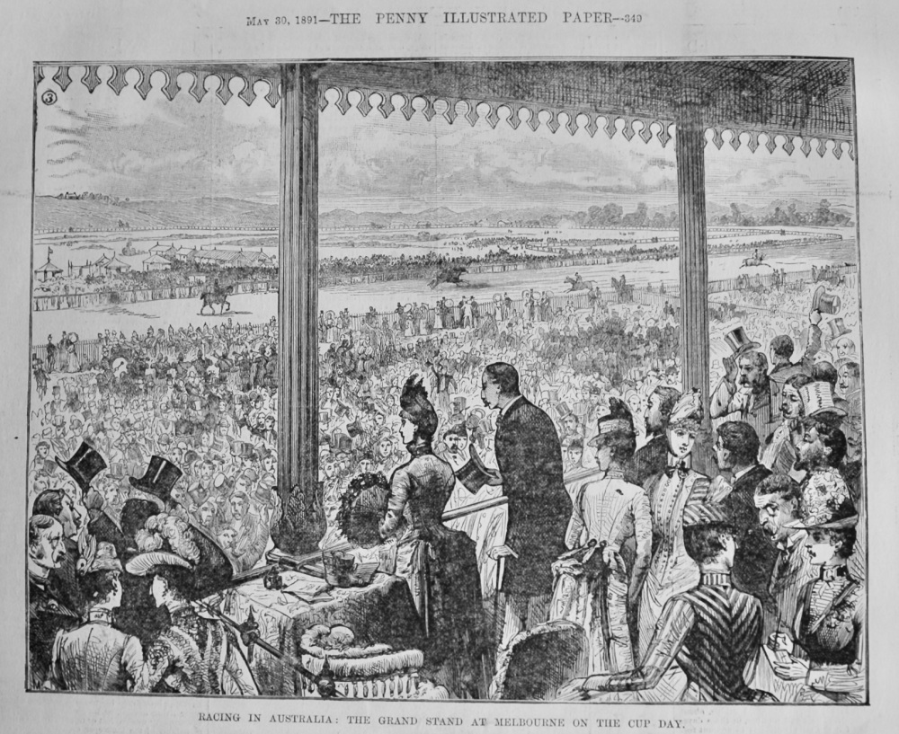 Racing in Australia :  The Grand Stand at Melbourne on the Cup Day.  1891.