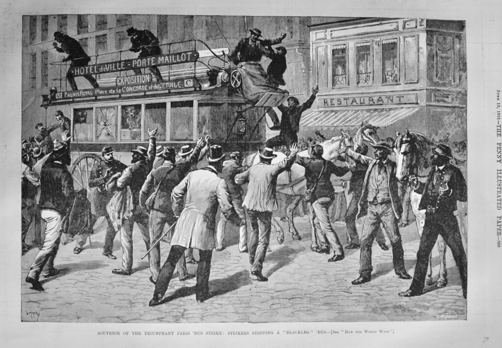 Souvenir of the Triumphant Paris 'Bus Strike :  Strikers Stopping a "Blackleg" Bus.  1891.