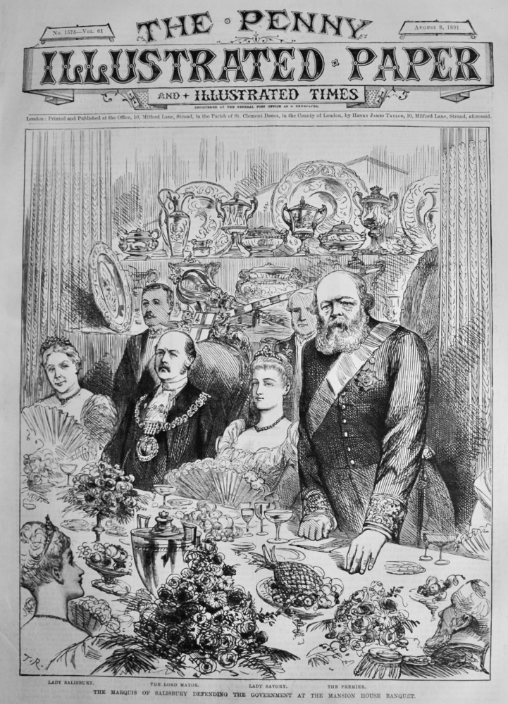 The Marquis of Salisbury Defending the Government at the Mansion House Banquet.  1891.
