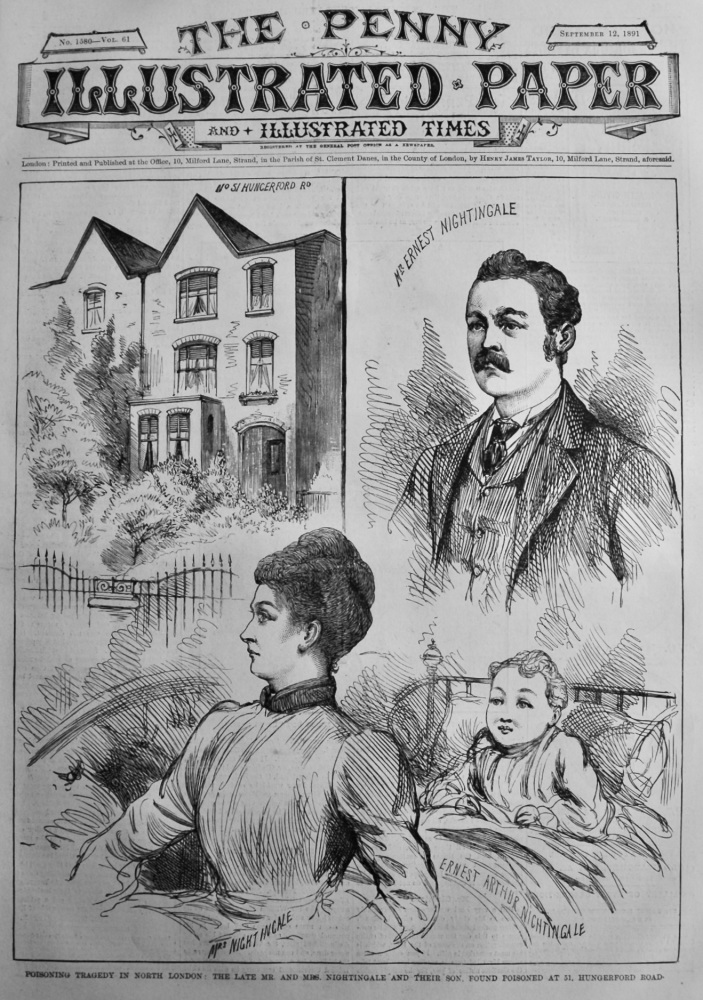 Poisoning Tragedy in North London :  The Late Mr. and Mrs. Nightingale and their Son, Found Poisoned at 51, Hungerford Road.  1891.