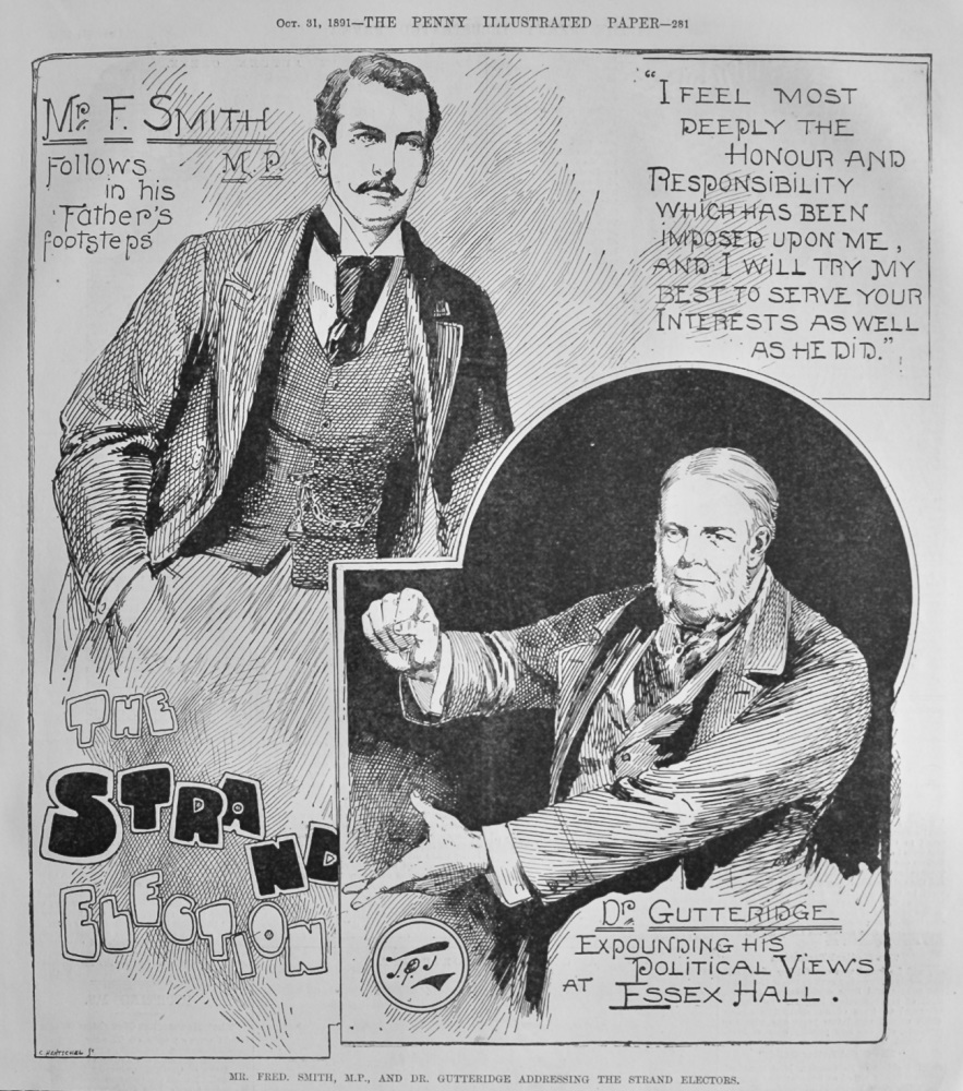 Mr. Fred Smith, M.P., and Dr. Gutteridge Addressing the Strand Electors.  1891.