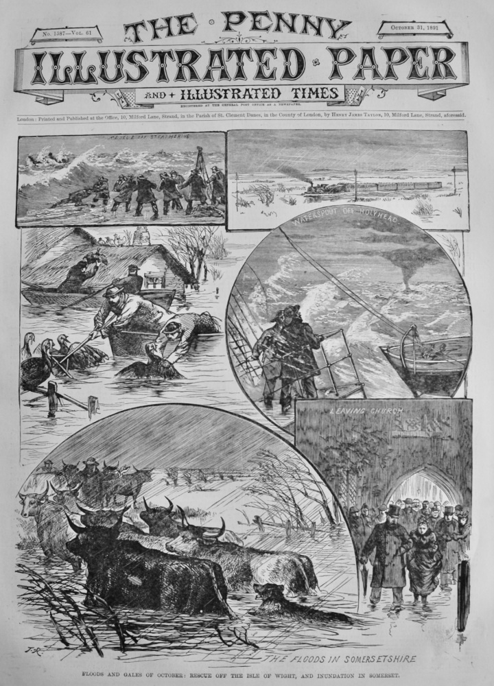 Floods and Gales of October :  Rescue off the Isle of Wight, and Inundation in Somerset.  1891.