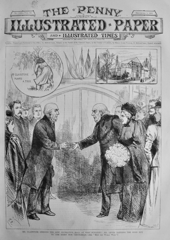 Mr. Gladstone Opening the new Recreation Hall at Port Sunlight :  Mr. Lever Handing the Gold Key to the Right Hon. Gentleman.  1891.