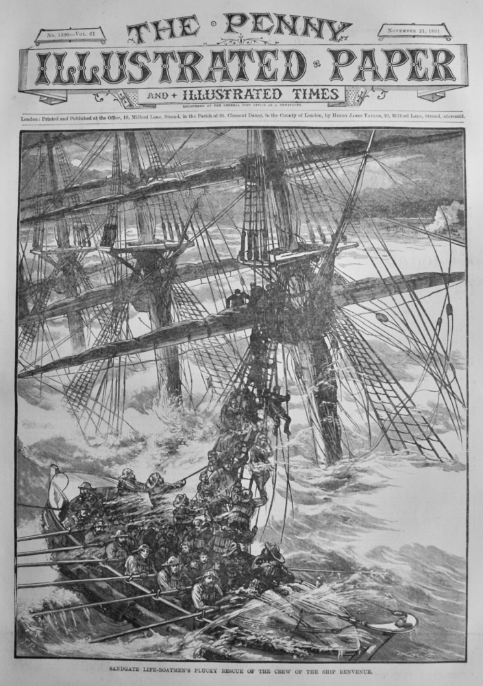 Sandgate Life-Boatmen's Plucky Rescue of the Crew of the Ship Benvenue.  1891.