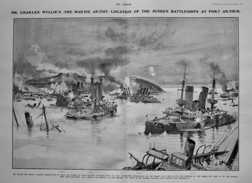 Mr. Charles Wyllie's (The Marine Artist) Location of the Sunken Battleships at Port Arthur.  1905.