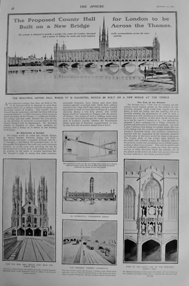 The Proposed County Hall for London to be Built on a New Bridge Across the Thames.  1905.