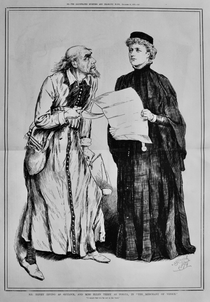Mr. Henry Irving as Shylock, and Miss Ellen Terry as Portia, in "The Merchant of Venice."  1879.