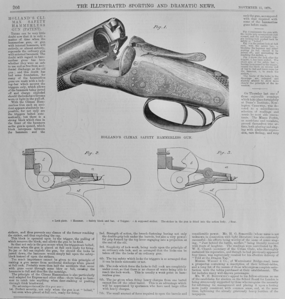Holland's Climax Safety Hammerless Gun   (Patent).  1879.