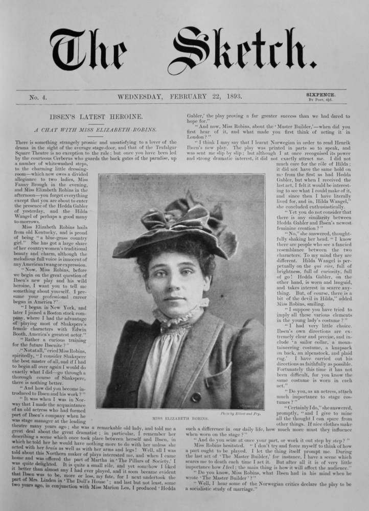 Ibsen's Latest Heroine :  A Chat with Miss Elizabeth Robins.  1893.