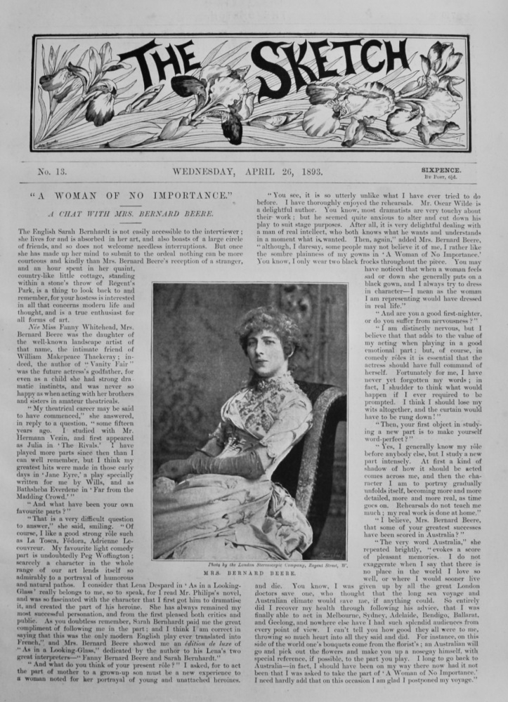 "A Woman of No Importance."  A Chat with Mrs. Bernard Beere. 1893.