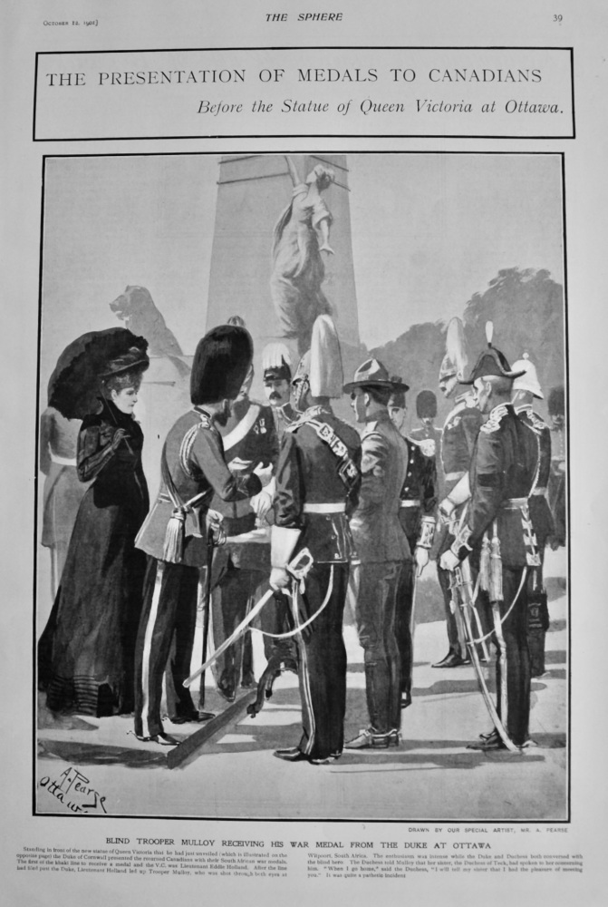 The Presentation of Medals to Canadians :  Before the Statue of Queen Victoria at Ottawa.  1901.