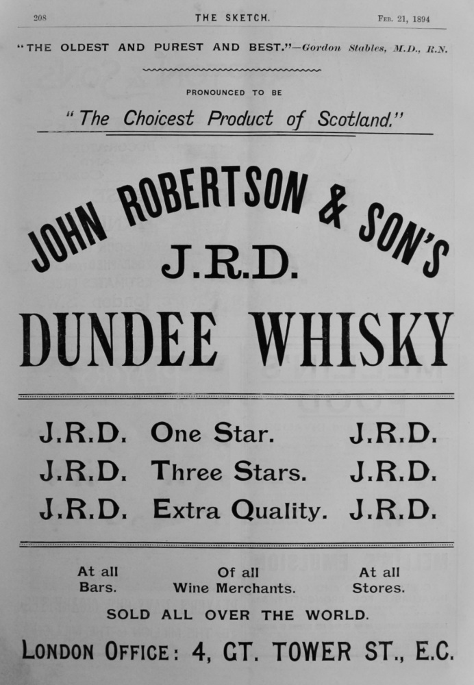 John Robertson & Son's  J.R.D. Dundee Whisky.  1894.