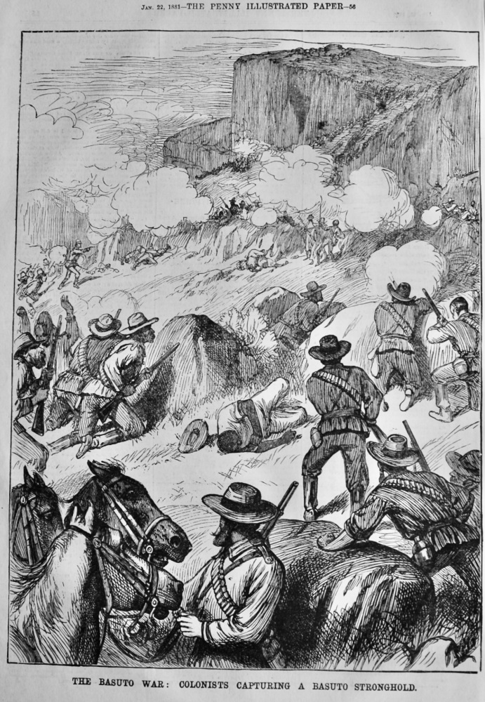 The Basuto War :  Colonists Capturing a Basuto Stronghold.  1881.