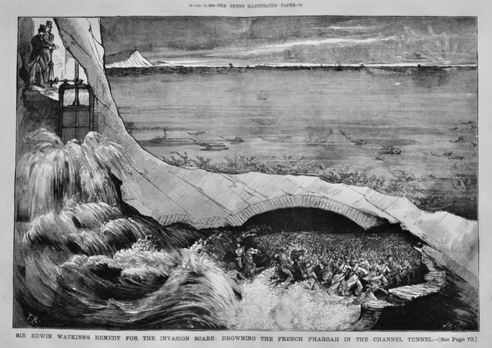 Sir Edwin Watkins's Remedy for the Invasion Scare :  Drowning the French Pharaoh in the Channel Tunnel.  1881.