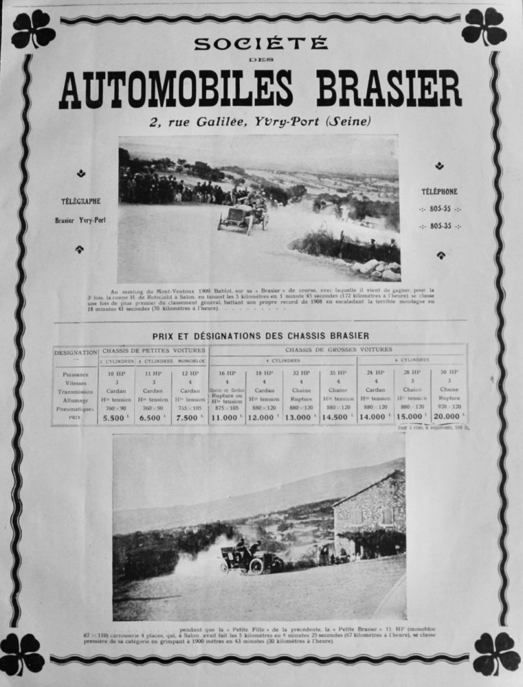 Society de Automobiles Brasier.  1910.