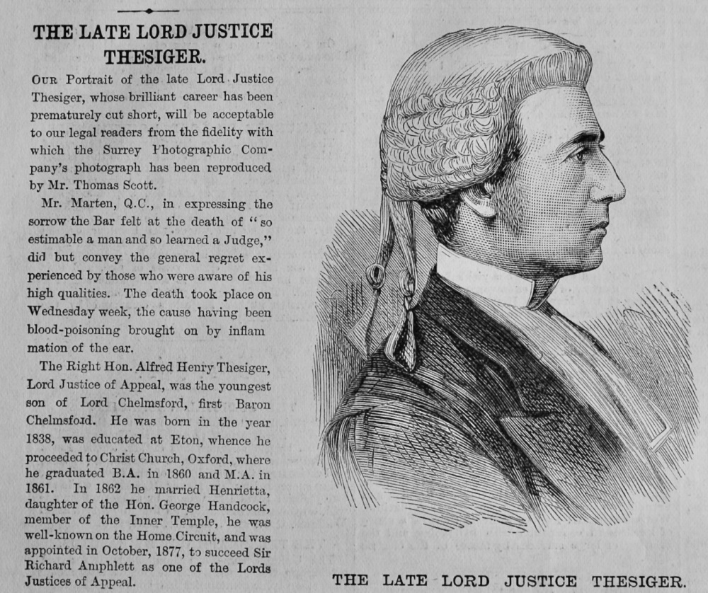 The Late Lord Justice Thesiger.  1880.