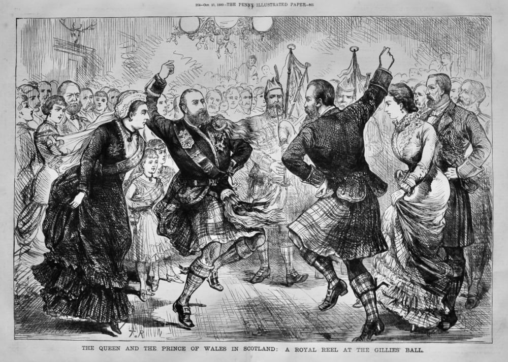The Queen and the Prince of Wales in Scotland :  A Royal Reel at the gillies' Ball.  1880.