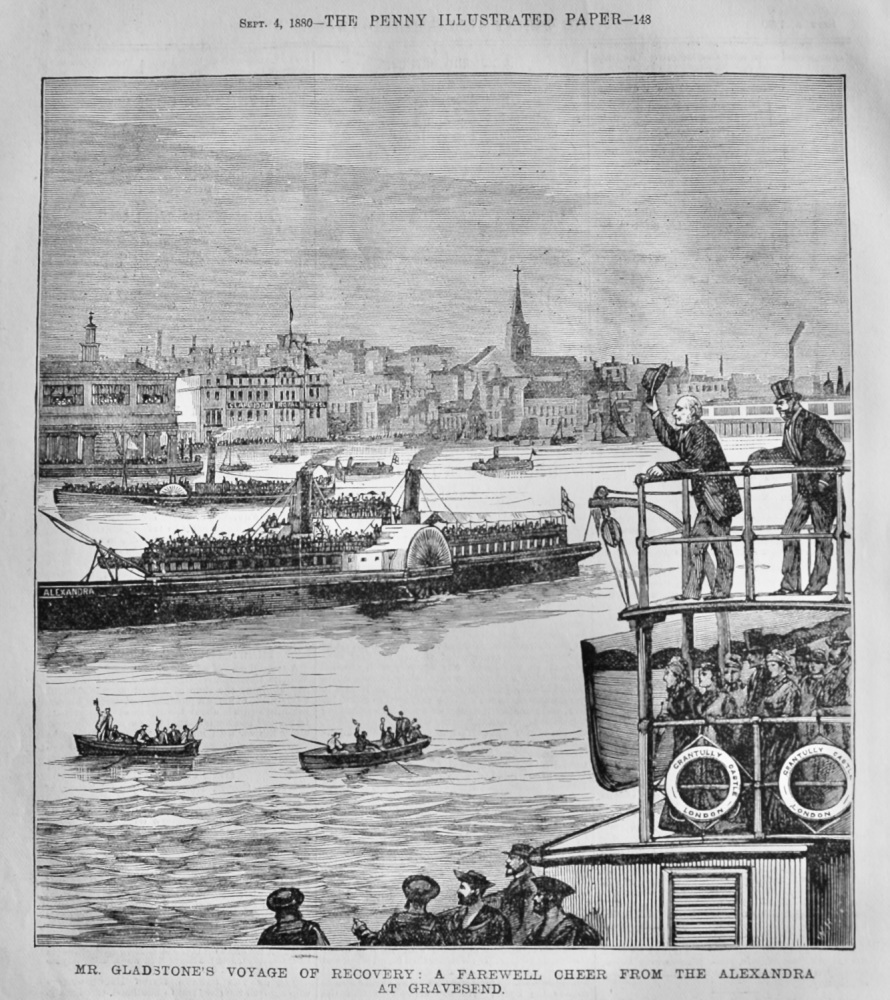 Mr. Gladstone's Voyage of Recovery : A Farewell Cheer from the Alexandra at Gravesend.  1880.