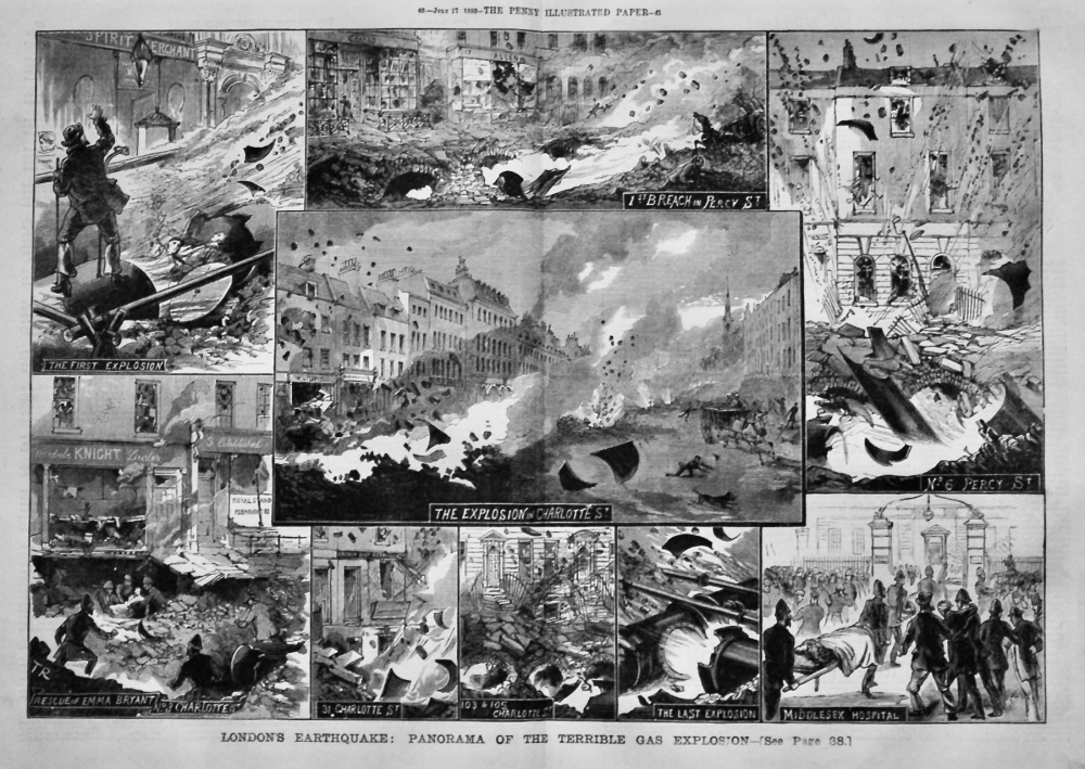 London's Earthquake :  Panorama of the Terrible Gas Explosion.  1880.