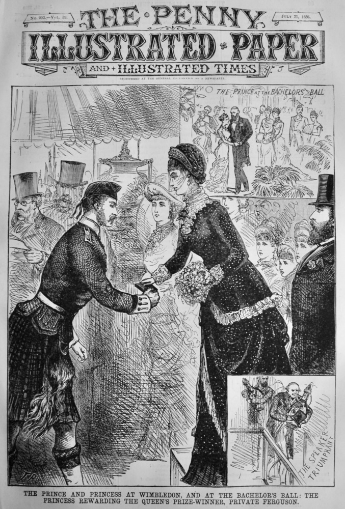 The Prince and Princess at Wimbledon, and at the Bachelor's Ball : The Princess Rewarding the Queen's Prize-Winner, Private Ferguson.  1880.