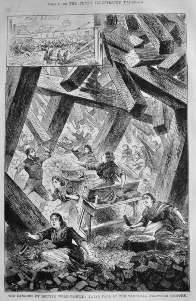 The Dangers of British Work-People :  Fatal Fall at the Vauxhall Firewood Factory.  1880.