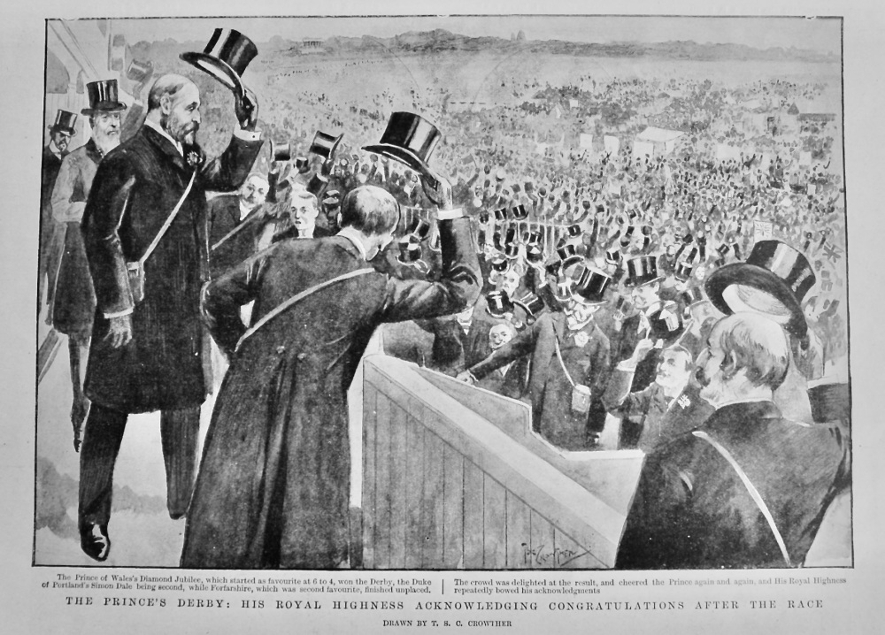 The Prince's Derby :  His Royal Highness Acknowledges Congratulations after the Race.  1900.