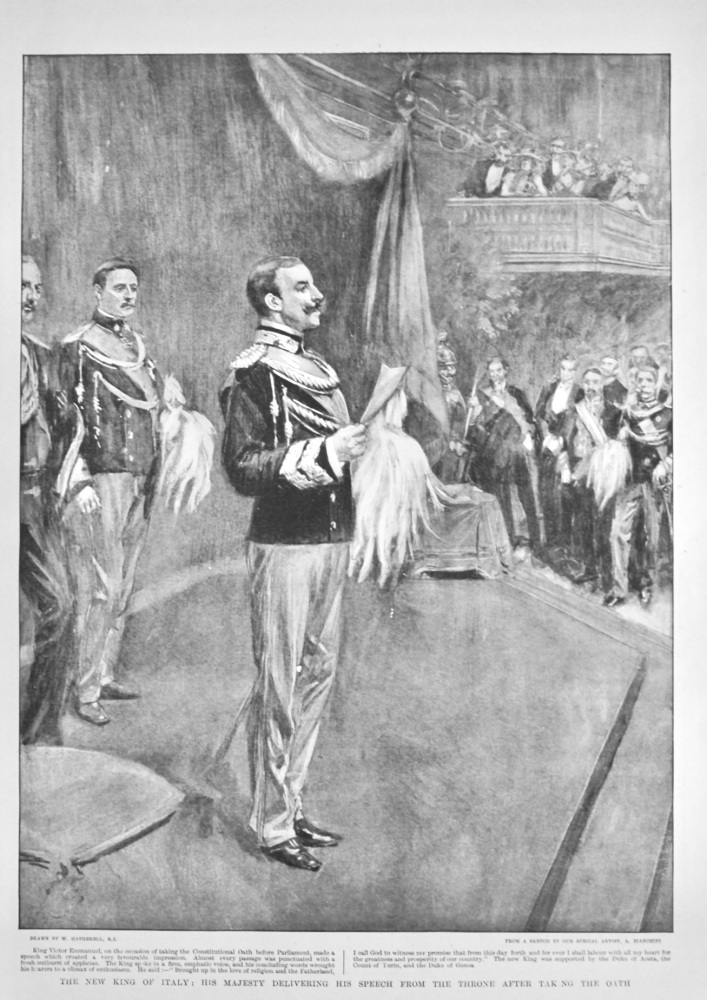 The New King of Italy :  His Majesty Delivering his Speech from the Throne after taking the Oath.  1900.