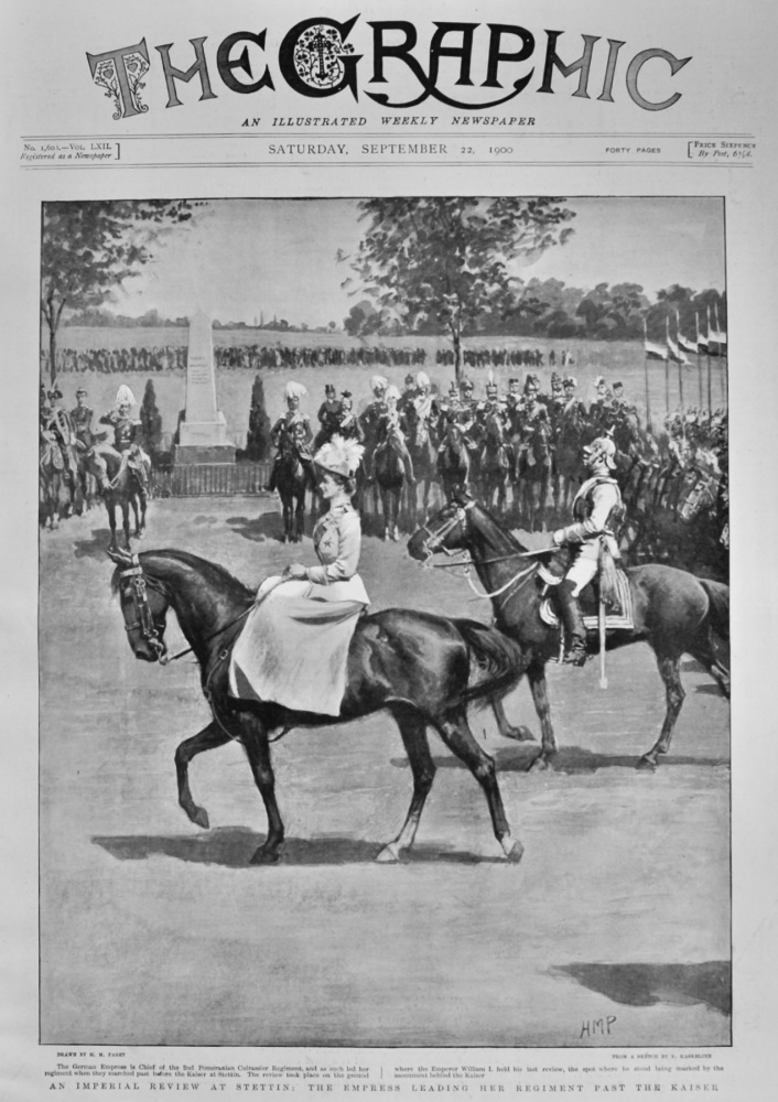 An Imperial Review at Stettin :  The Empress Leading Her Regiment Past the Kaiser.  1900.