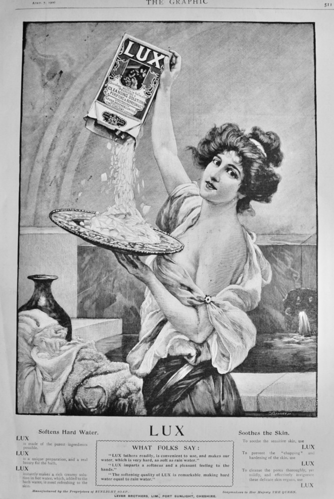 Lux :  Softens Hard Water, & Soothes the Skin.  1900.