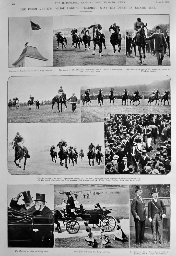 The Epsom Meeting.- Major Loder's  Spearmint  Wins the Derby in Record Time.  1906.